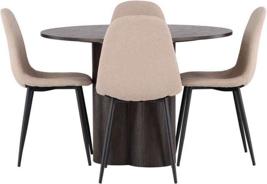 Hioshop Olivia eethoek tafel mokka en 4 Polar stoelen beige.