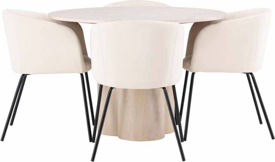 Hioshop Olivia eethoek tafel whitewash en 4 berit stoelen beige.