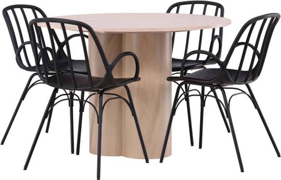 Hioshop Olivia eethoek tafel whitewash en 4 Dyrön stoelen zwart.