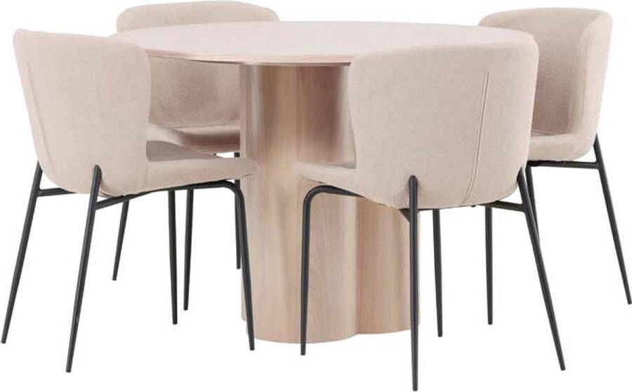 Hioshop Olivia eethoek tafel whitewash en 4 Modesto stoelen beige.