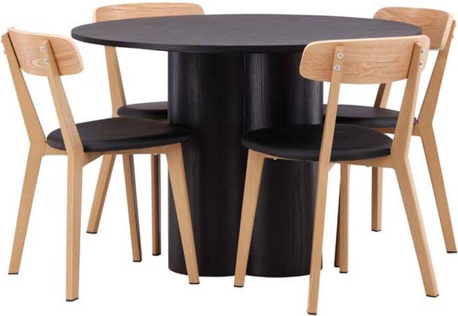 Hioshop Olivia eethoek tafel zwart en 4 Sanjos stoelen naturel.