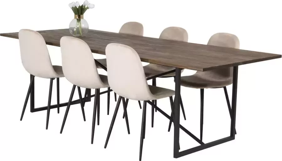 Hioshop Padang eethoek eetkamertafel teakhout en 6 Polar eetkamerstal velours beige.