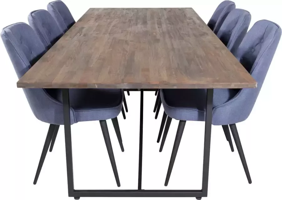 Hioshop Padang eethoek eetkamertafel teakhout en 6 Velvet Deluxe eetkamerstal blauw zwart.