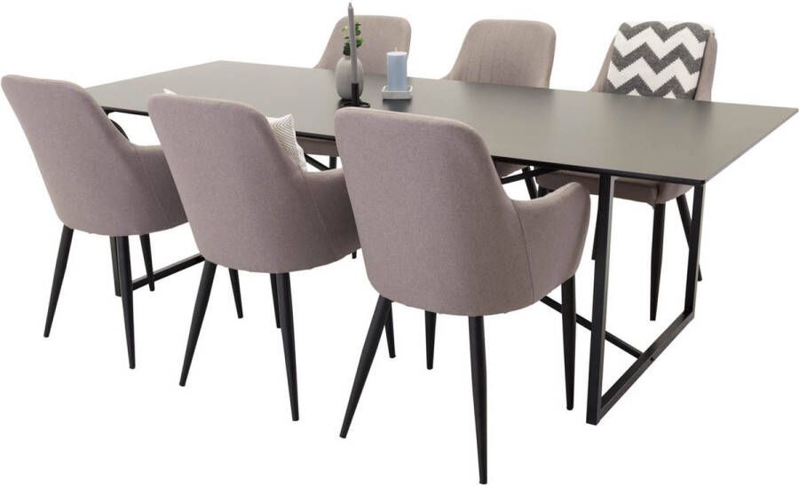 Hioshop Palace240x100BLBL eethoek eetkamertafel zwart en 6 Comfort eetkamerstal grijs.