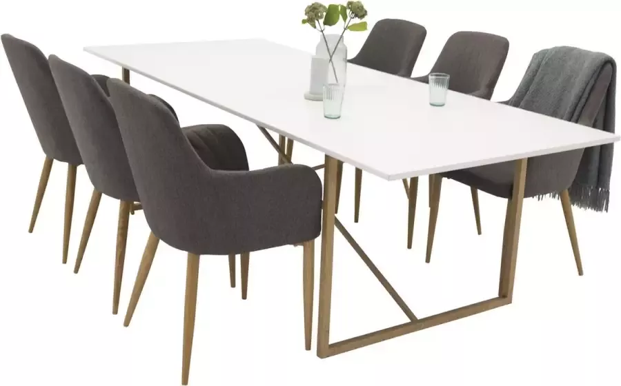 Hioshop Palace240x100WHNA eethoek eetkamertafel wit en 6 Comfort eetkamerstal grijs eik decor.