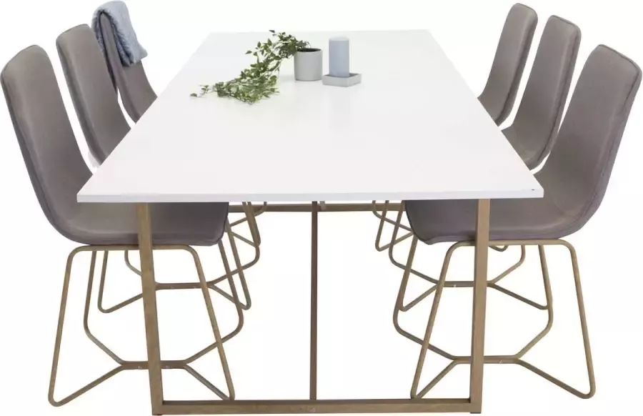 Hioshop Palace240x100WHNA eethoek eetkamertafel wit en 6 X-chair eetkamerstal grijs.