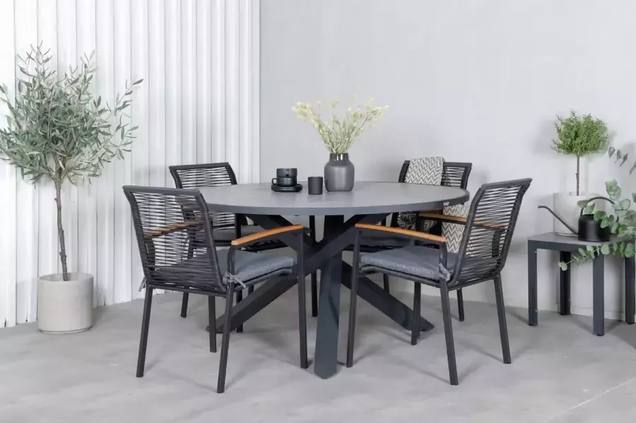 Hioshop Parma tuinmeubelset tafel Ø140cm en 4 stoel Dallas zwart naturel grijs