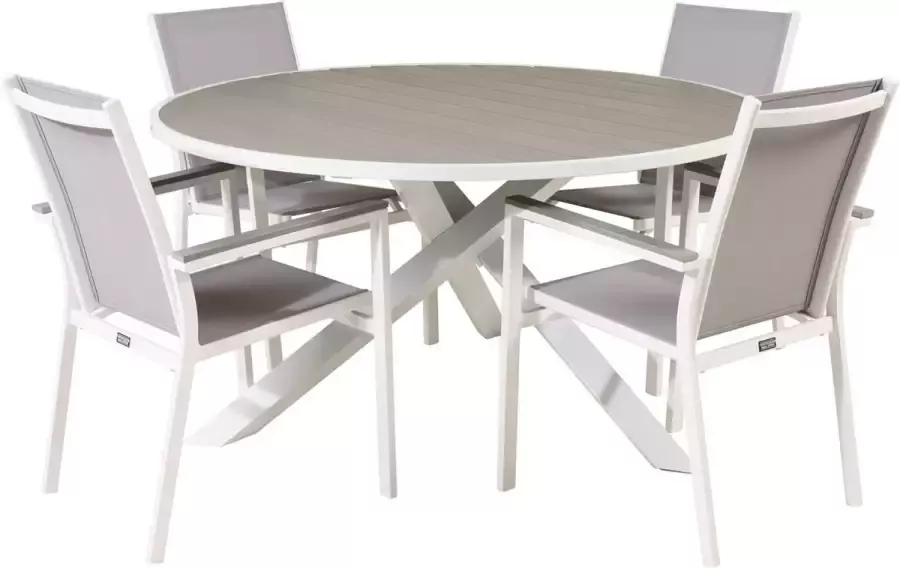 Hioshop Parma tuinmeubelset tafel Ø140cm en 4 stoel Parma wit grijs