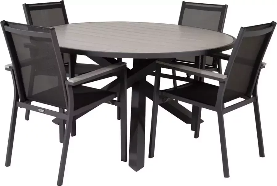 Hioshop Parma tuinmeubelset tafel Ø140cm en 4 stoel Parma zwart grijs
