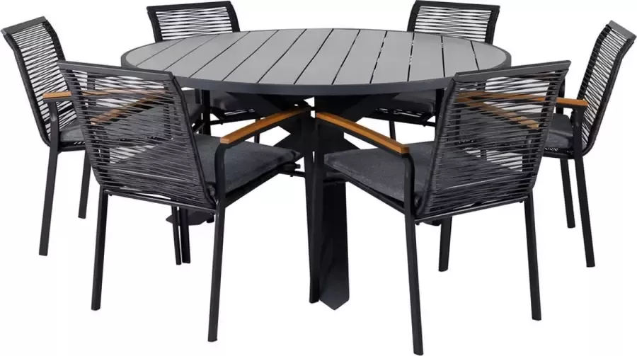 Hioshop Parma tuinmeubelset tafel Ø140cm en 6 stoel Dallas zwart naturel grijs