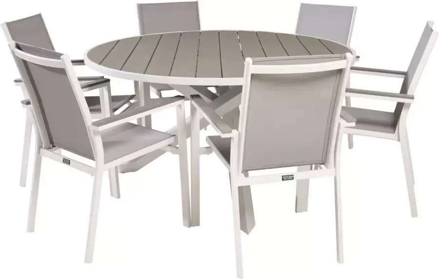 Hioshop Parma tuinmeubelset tafel Ø140cm en 6 stoel Parma wit grijs
