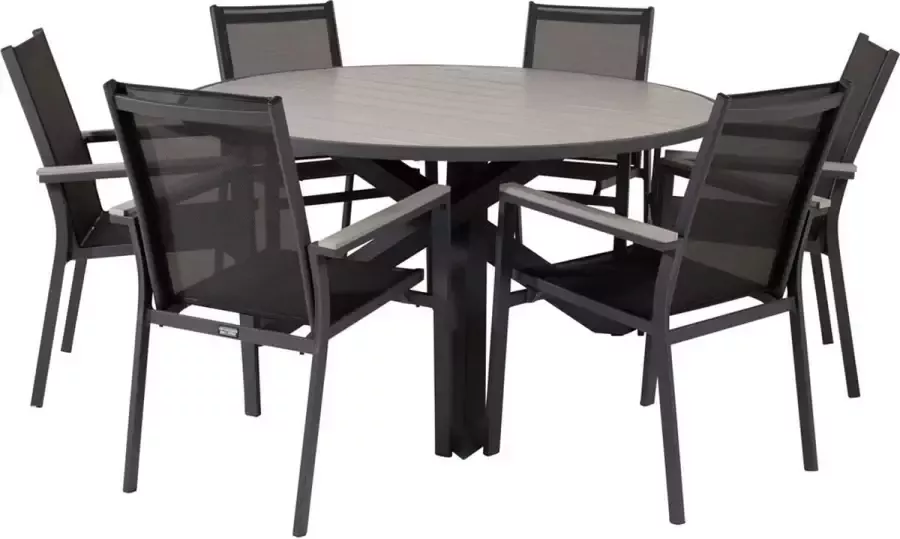 Hioshop Parma tuinmeubelset tafel Ø140cm en 6 stoel Parma zwart grijs