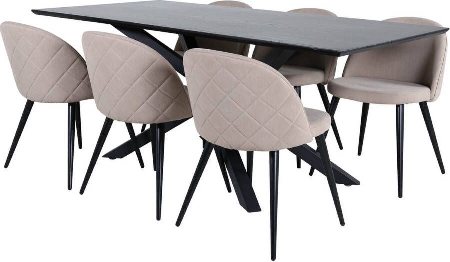 Hioshop PiazzaBLBL eethoek eetkamertafel zwart en 6 Velvet Stitches eetkamerstal beige. - Foto 1