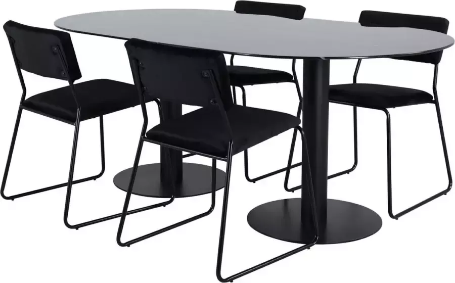 Hioshop Pillan eethoek eetkamertafel zwart glas marmer decor en 4 Kenth eetkamerstal velours zwart. - Foto 2