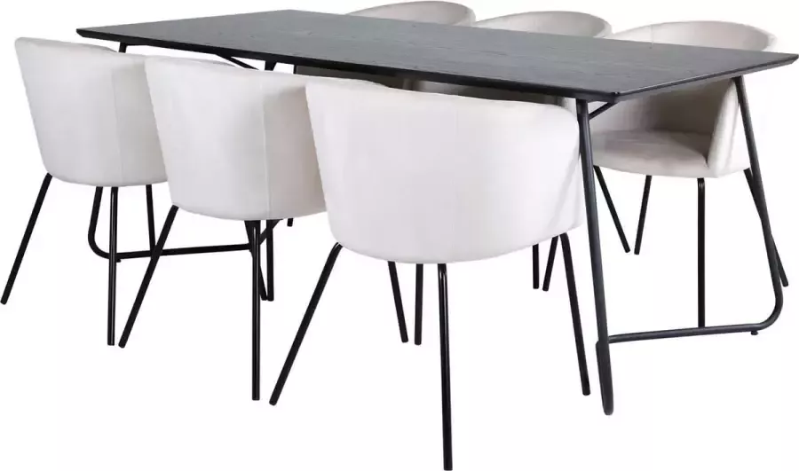 Hioshop PippiBL eethoek eetkamertafel zwart en 6 Berit eetkamerstal velours beige.