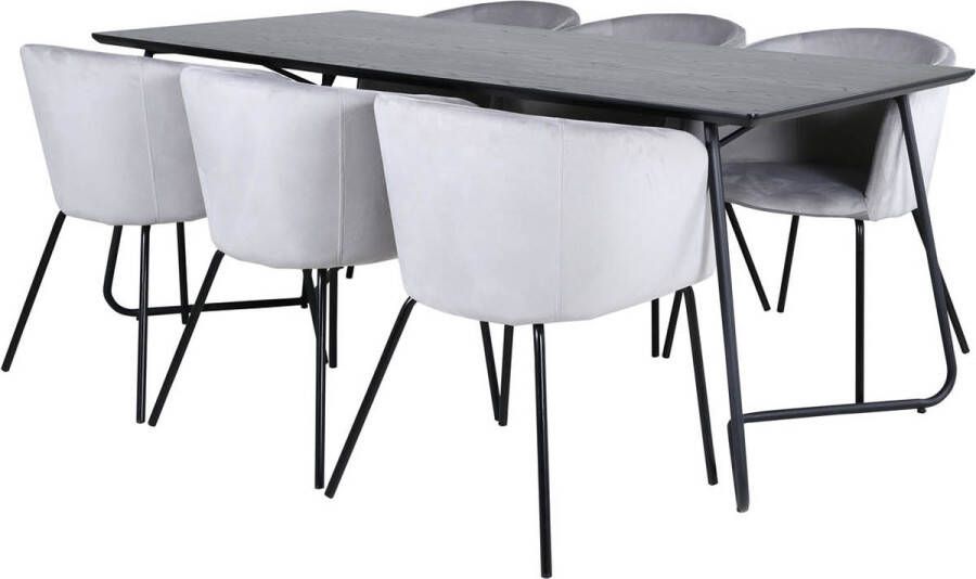 Hioshop PippiBL eethoek eetkamertafel zwart en 6 Berit eetkamerstal velours grijs.