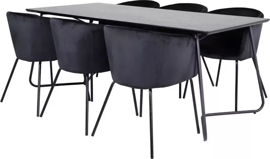 Hioshop PippiBL eethoek eetkamertafel zwart en 6 Berit eetkamerstal velours zwart.