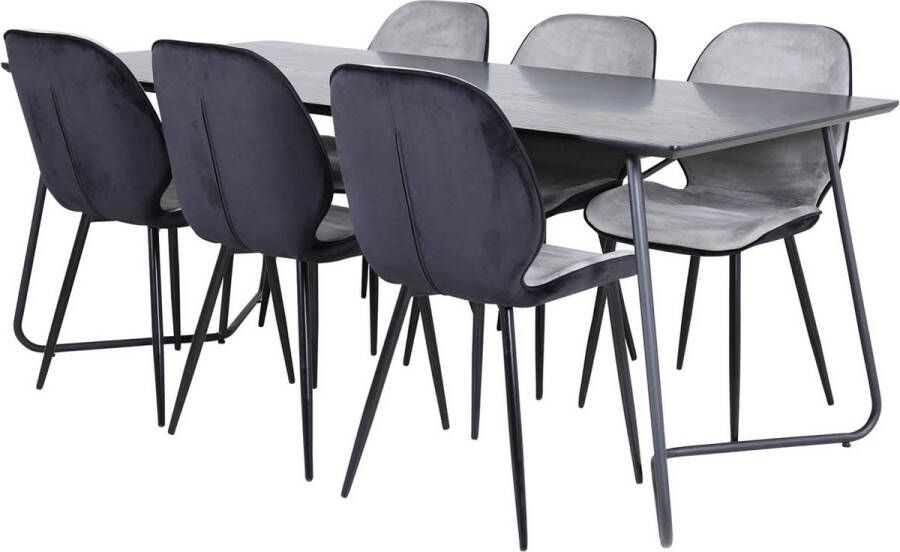 Hioshop PippiBL eethoek eetkamertafel zwart en 6 Emma eetkamerstal velours grijs zwart.