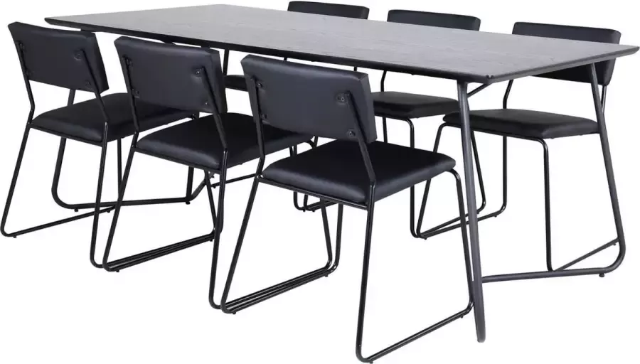 Hioshop PippiBL eethoek eetkamertafel zwart en 6 Kenth eetkamerstal PU kunstleer zwart.