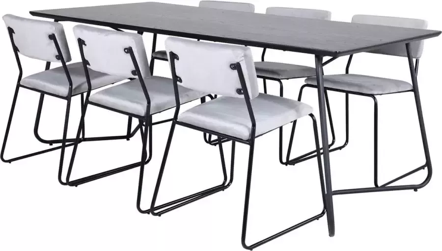Hioshop PippiBL eethoek eetkamertafel zwart en 6 Kenth eetkamerstal velours grijs.
