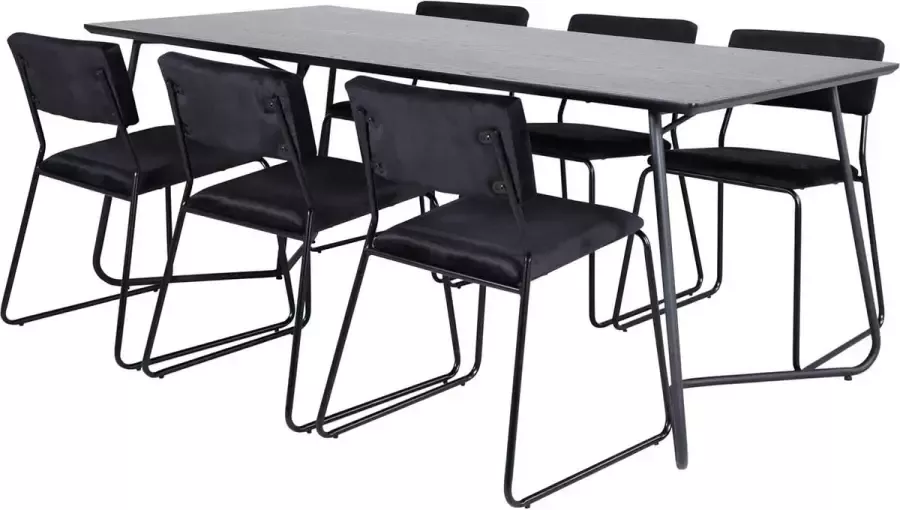 Hioshop PippiBL eethoek eetkamertafel zwart en 6 Kenth eetkamerstal velours zwart.
