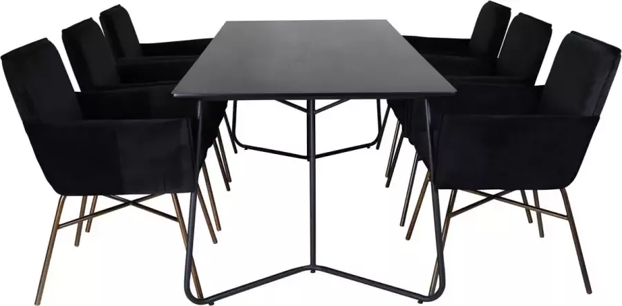 Hioshop PippiBL eethoek eetkamertafel zwart en 6 Pippi eetkamerstal velours zwart.