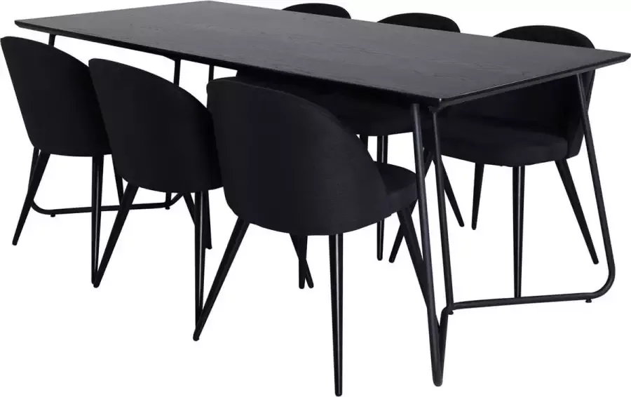 Hioshop PippiBL eethoek eetkamertafel zwart en 6 Velvet eetkamerstal zwart.