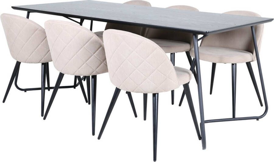 Hioshop PippiBL eethoek eetkamertafel zwart en 6 Velvet Stitches eetkamerstal beige. - Foto 1