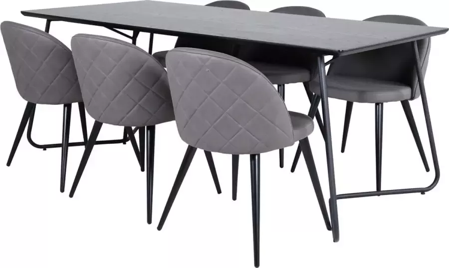 Hioshop PippiBL eethoek eetkamertafel zwart en 6 Velvet Stitches eetkamerstal grijs.