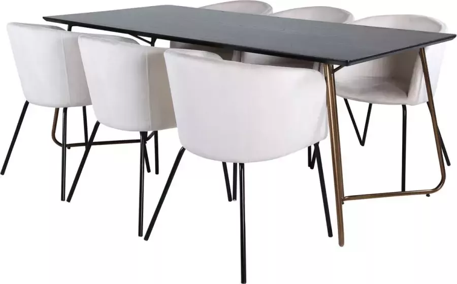 Hioshop PippiCO eethoek eetkamertafel zwart en 6 Berit eetkamerstal velours beige.