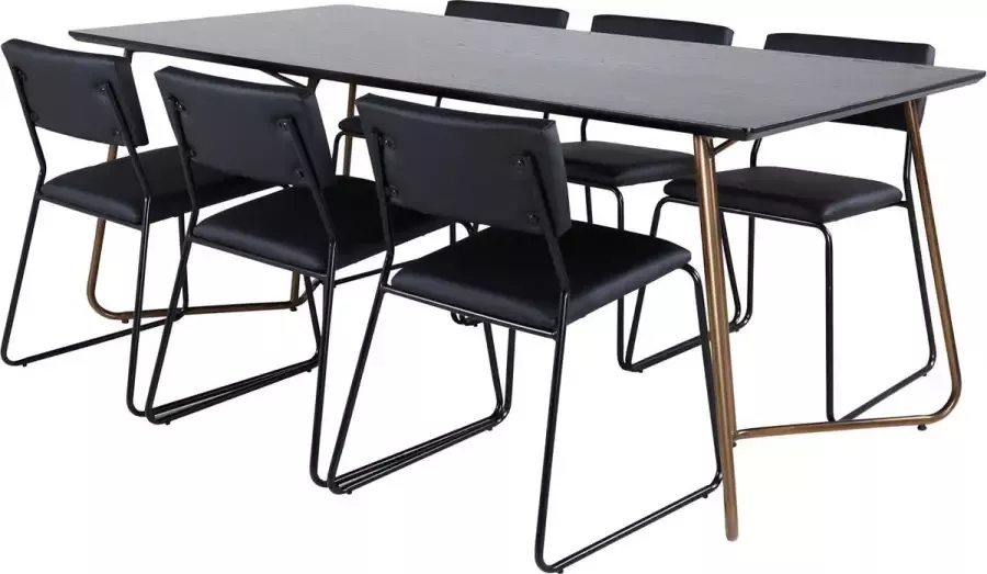 Hioshop PippiCO eethoek eetkamertafel zwart en 6 Kenth eetkamerstal PU kunstleer zwart.