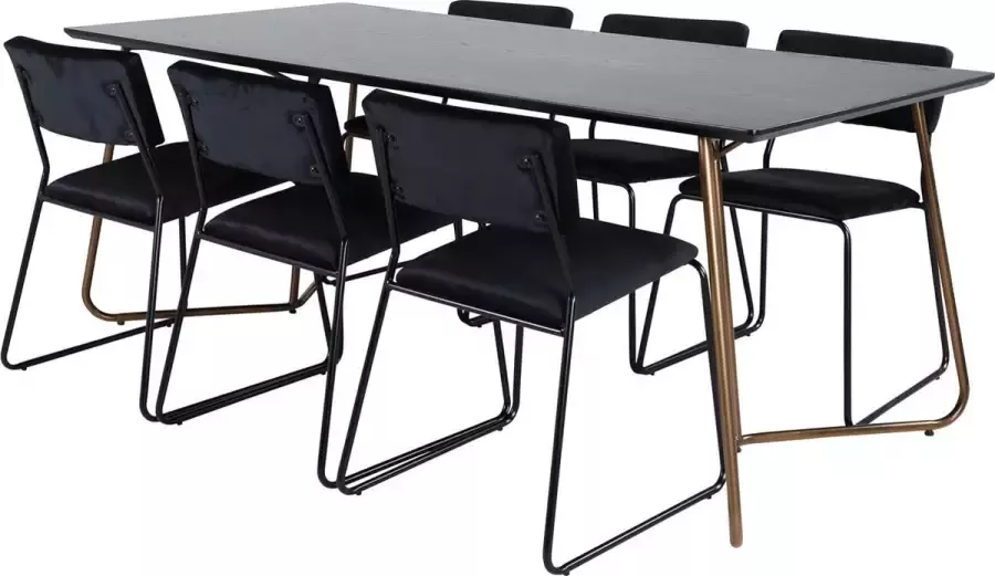 Hioshop PippiCO eethoek eetkamertafel zwart en 6 Kenth eetkamerstal velours zwart.