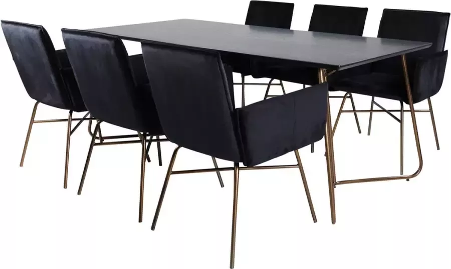 Hioshop PippiCO eethoek eetkamertafel zwart en 6 Pippi eetkamerstal velours zwart.