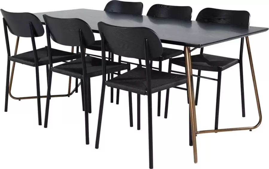 Hioshop PippiCO eethoek eetkamertafel zwart en 6 Polly eetkamerstal zwart.