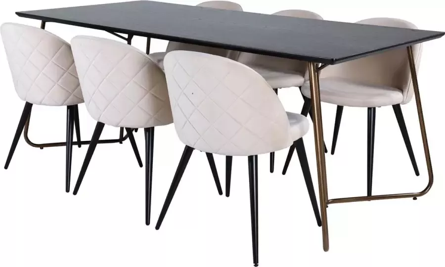 Hioshop PippiCO eethoek eetkamertafel zwart en 6 Velvet Stitches eetkamerstal velours beige.