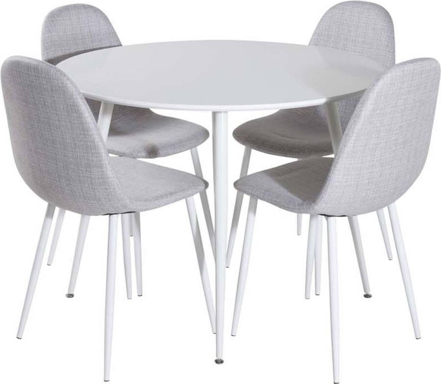 Hioshop Plaza eethoek tafel wit en 4 Polar stoelen grijs.
