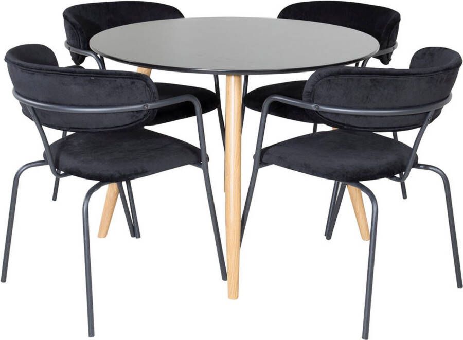 Hioshop PlazaBLOAK100 eethoek eetkamertafel zwart en 4 Arrow eetkamerstal velours zwart. - Foto 1