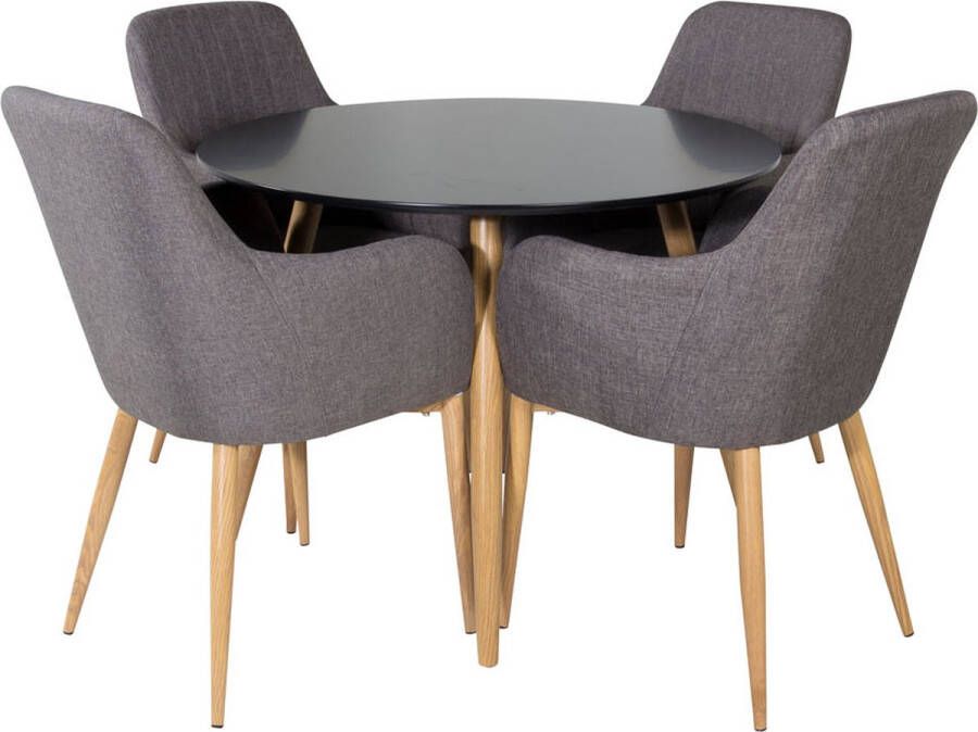 Hioshop PlazaBLOAK100 eethoek eetkamertafel zwart en 4 Comfort eetkamerstal grijs eik decor.