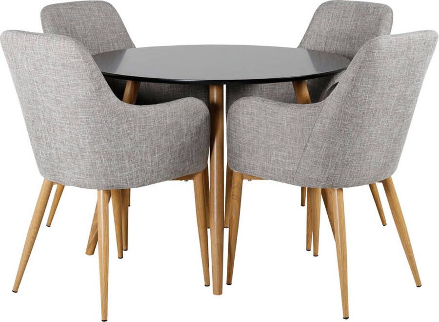 Hioshop PlazaBLOAK100 eethoek eetkamertafel zwart en 4 Comfort eetkamerstal lichtgrijs eik decor. - Foto 1