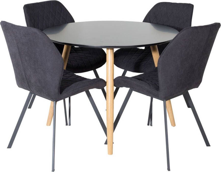 Hioshop PlazaBLOAK100 eethoek eetkamertafel zwart en 4 Gemma eetkamerstal zwart.