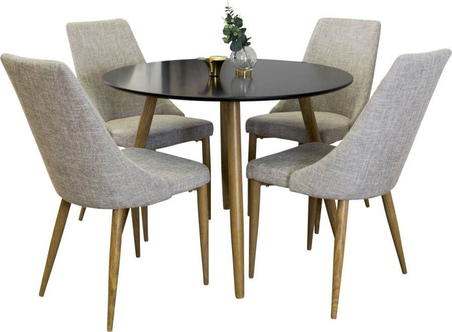 Hioshop PlazaBLOAK100 eethoek eetkamertafel zwart en 4 Leone eetkamerstal lichtgrijs eik decor.