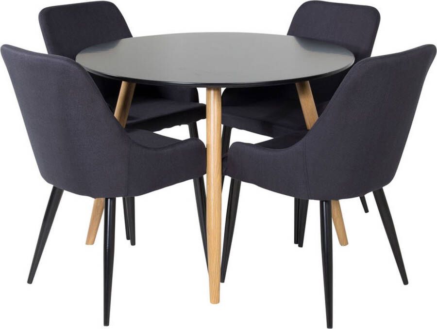 Hioshop PlazaBLOAK100 eethoek eetkamertafel zwart en 4 Plaza eetkamerstal zwart.