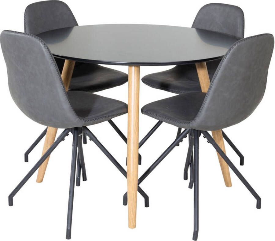 Hioshop PlazaBLOAK100 eethoek eetkamertafel zwart en 4 Polar eetkamerstal PU kunstleer zwart.