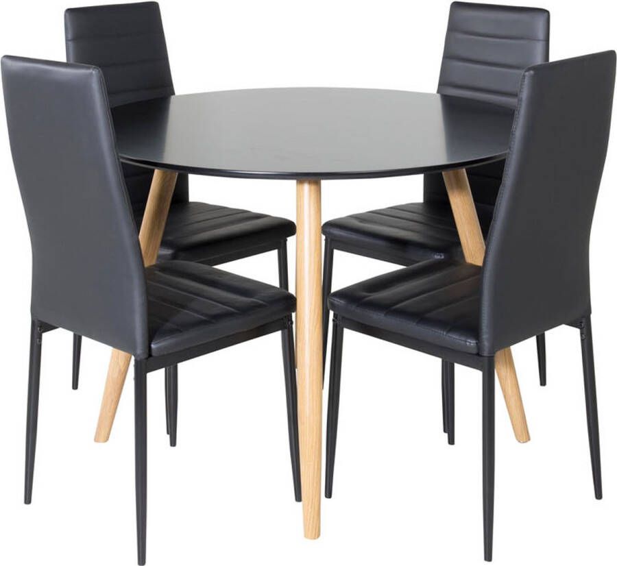 Hioshop PlazaBLOAK100 eethoek eetkamertafel zwart en 4 Slim High Back eetkamerstal PU kunstleer zwart.