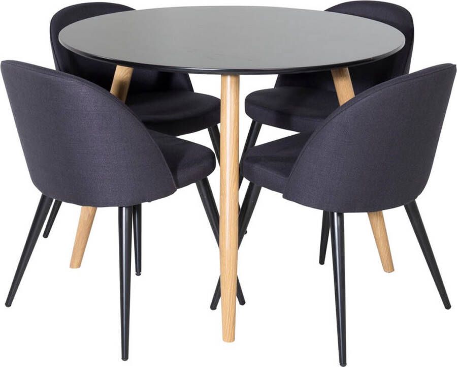 Hioshop PlazaBLOAK100 eethoek eetkamertafel zwart en 4 Velvet eetkamerstal zwart.