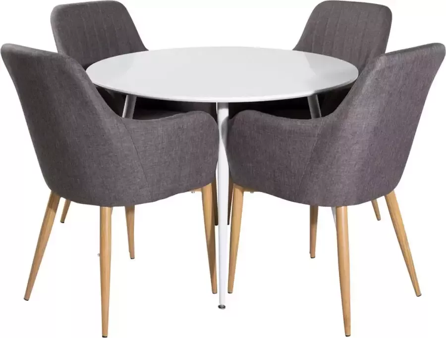 Hioshop PlazaWHWH100 eethoek eetkamertafel wit en 4 Comfort eetkamerstal grijs eik decor.