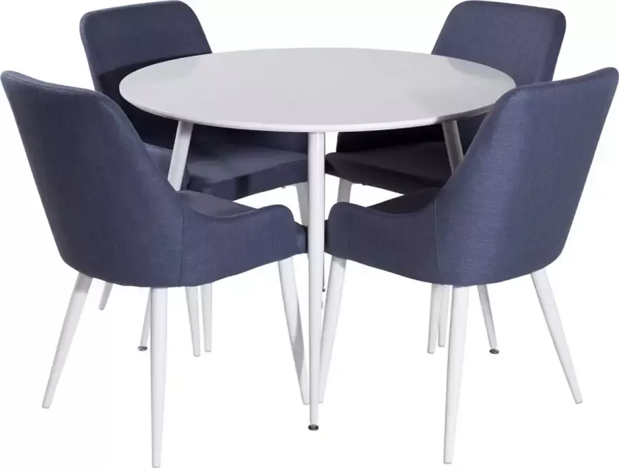 Hioshop PlazaWHWH100 eethoek eetkamertafel wit en 4 Plaza eetkamerstal blauw wit.