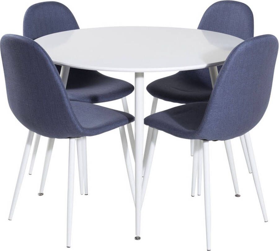 Hioshop PlazaWHWH100 eethoek eetkamertafel wit en 4 Polar eetkamerstal blauw wit.