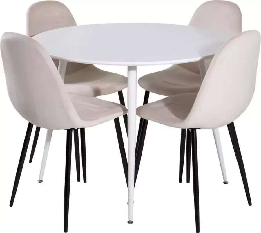 Hioshop PlazaWHWH100 eethoek eetkamertafel wit en 4 Polar eetkamerstal velours beige.