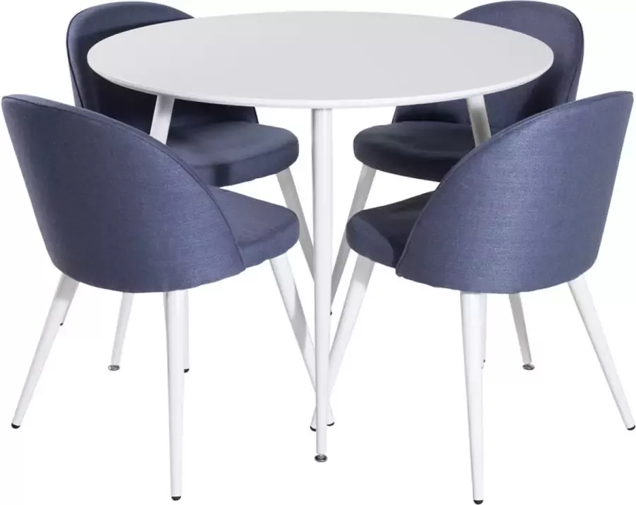 Hioshop PlazaWHWH100 eethoek eetkamertafel wit en 4 Velvet eetkamerstal blauw.